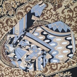 90s Does 70s Groovy Print Abstract Neutral Polyester Tunic Button Up Shirt Dress